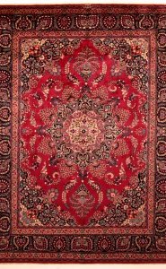 cherry-red and dark blue Mashad Persian Rug